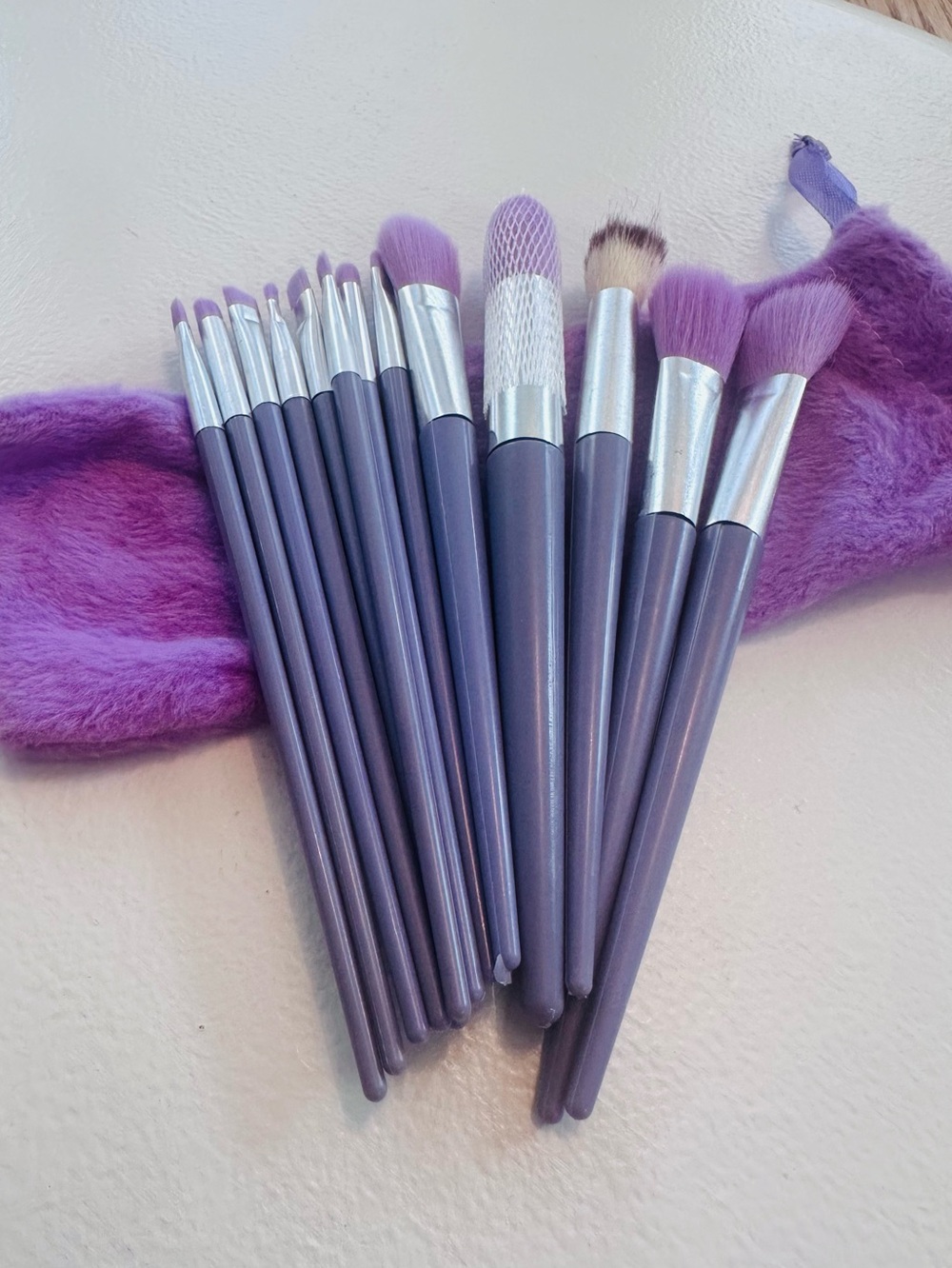 Lavender 13 Piece Makeup Brush Set for Face and Eyes with Puff and Velvety Case